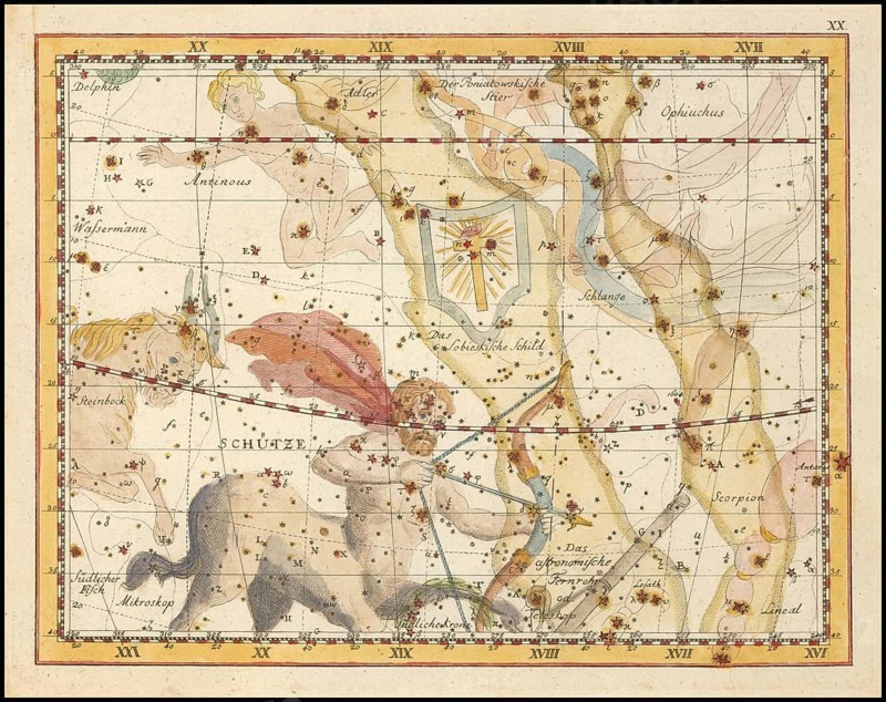 Zodiac sign Sagittarius and the Sobieskian sign, star chart, universe, astrology, horoscope, after Johann Elert Bode (19 January 1747 to 23 November 1826), Prussian astronomer