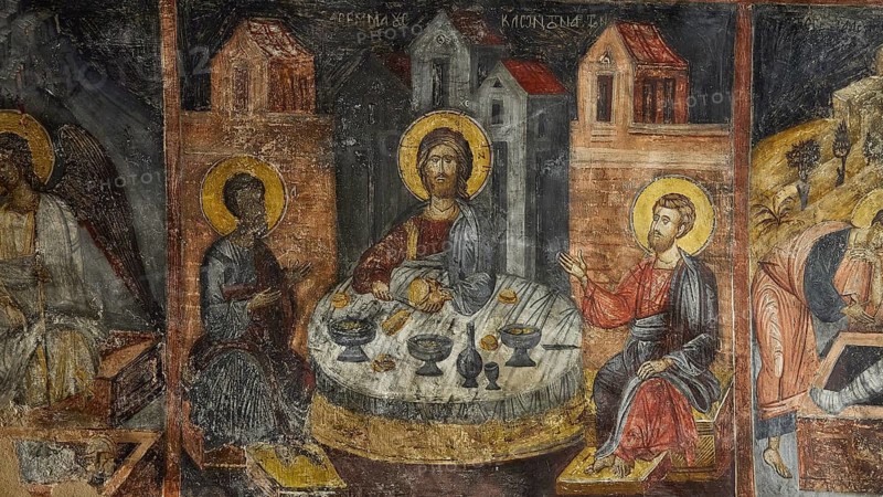 A fresco of the Last Supper with saints, dominating gold and brown tones, Easter 2025, Church of the Dormition of the All-Holy God Bear, Kimisis tis Theotokou, Asklipio, Rhodes, Dodecanese, Greek Islands, Greece, Europe