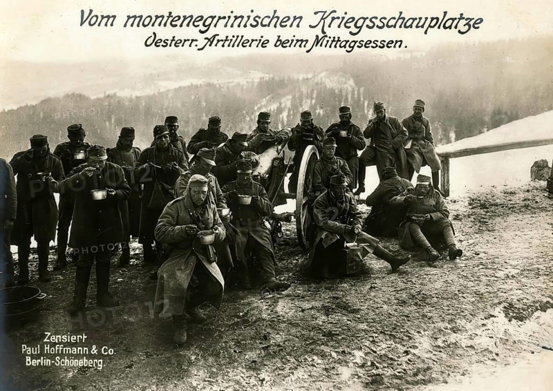From the Montenegrin theatre of war, Austrian artillery at lunch, 1914 - 1918, World War I, reproduction of a war postcard