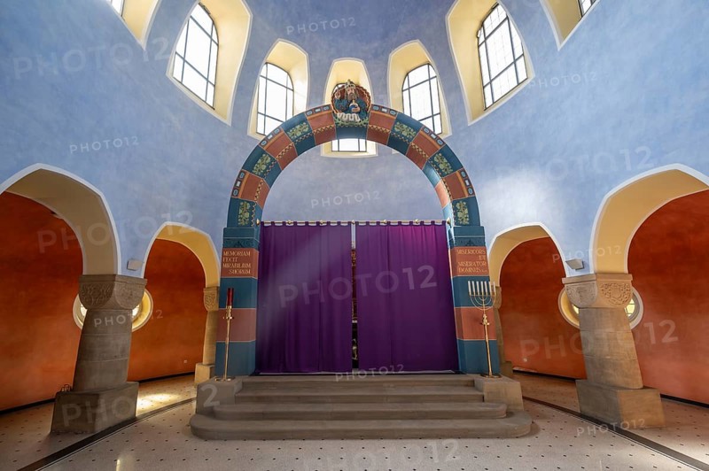 Chancel with Lenten cloth of St Stephen's Church, Art Nouveau building with neo-Romanesque elements, built between 1908 and 1909, Adelsdorf, Middle Franconia, Bavaria, Germany, Europe