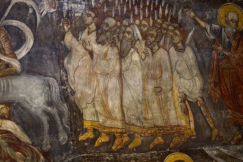 A group of saints in fresco, all in procession, showing religious fervour in medieval art, Easter 2025, Church of the Dormition of the All-Holy God Bear, Kimisis tis Theotokou, Asklipio, Rhodes, Dodecanese, Greek Islands, Greece, Europe