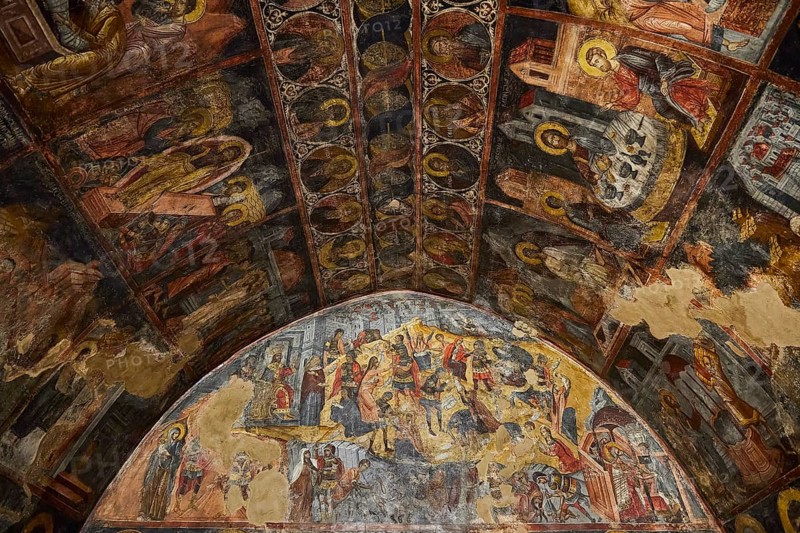 Ceiling frescoes with religious scenes and saints illustrated in golden and dark tones, Easter 2025, Church of the Dormition of the All-Holy God Bear, Kimisis tis Theotokou, Asklipio, Rhodes, Dodecanese, Greek Islands, Greece, Europe