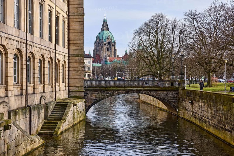 Leineschloss, Leineschlossbrücke, castle, facade, sandstone architecture, sandstone staircase, staircase, New Town Hall Hanover, bare winter trees, water surface, abstract reflections, diffuse light, milky blue cloudy sky, slightly sunny, Hanover, state capital, Hanover region, Lower Saxony, Germany, Europe