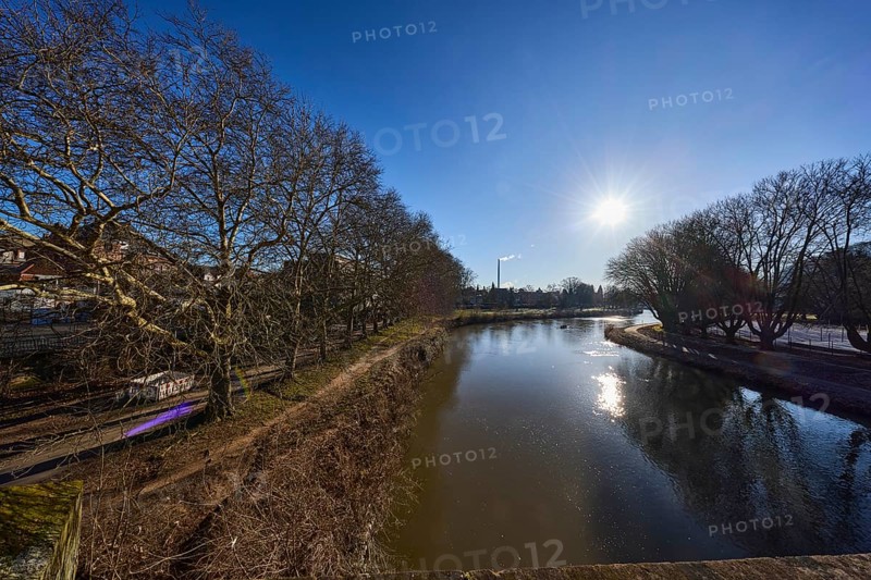 River Saar, bank, trees, meadow, abstract reflections, water surface, backlight of the sun, blue sky, cloudless, Saarbrücken, state capital, regional association Saarbrücken, Saarland, Germany, Europe