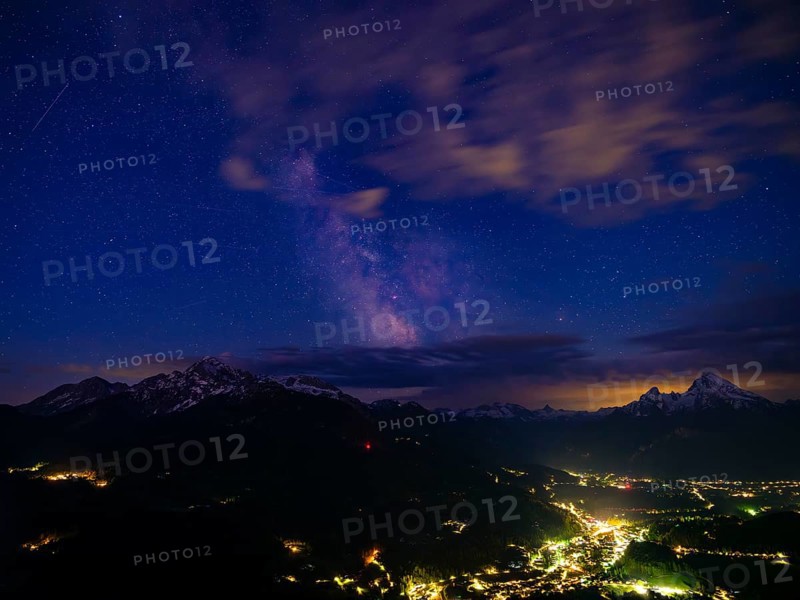 Milky Way over the valley basin of Berchtesgaden, behind Hoher Göll, Steinernes Meer and Watzmann, Berchtesgadener Land, Upper Bavaria, Bavaria, Germany, Europe