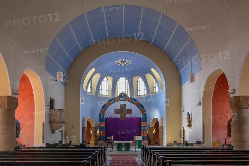 Interior with Lenten cloth in front of the altar in the church of St Stephanus, Art Nouveau building with neo-Romanesque elements, built between 1908 and 1909, Adelsdorf, Middle Franconia, Bavaria, Germany, Europe