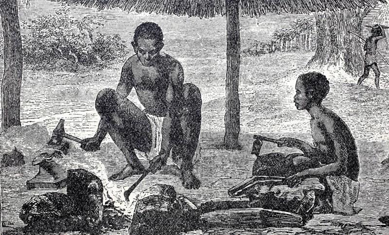 Native blacksmiths from the area around Lake Chilwa in present-day Malawi, around 1800, after Dr Livingstone, digitally enhanced reproduction of a 19th century model, historical