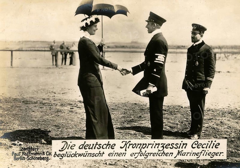 The German Crown Princess Cecilie congratulates a successful naval aviator, 1914 - 1918, World War I, reproduction of a war postcard