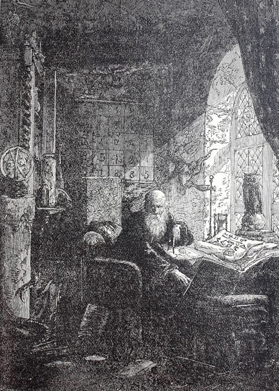 Alchemist in his laboratory, around 1800, digitally enhanced reproduction of a 19th century model, historical