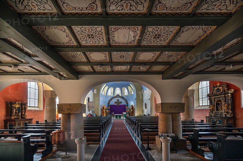 Interior with chancel of St Stephen's Church, Art Nouveau building with neo-Romanesque elements, built between 1908 and 1909, Adelsdorf, Middle Franconia, Bavaria, Germany, Europe