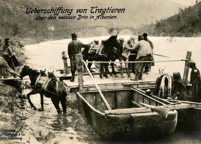 Crossing of pack animals over the White Drin in Albania, 1914 - 1918, 1st World War, reproduction of a war postcard