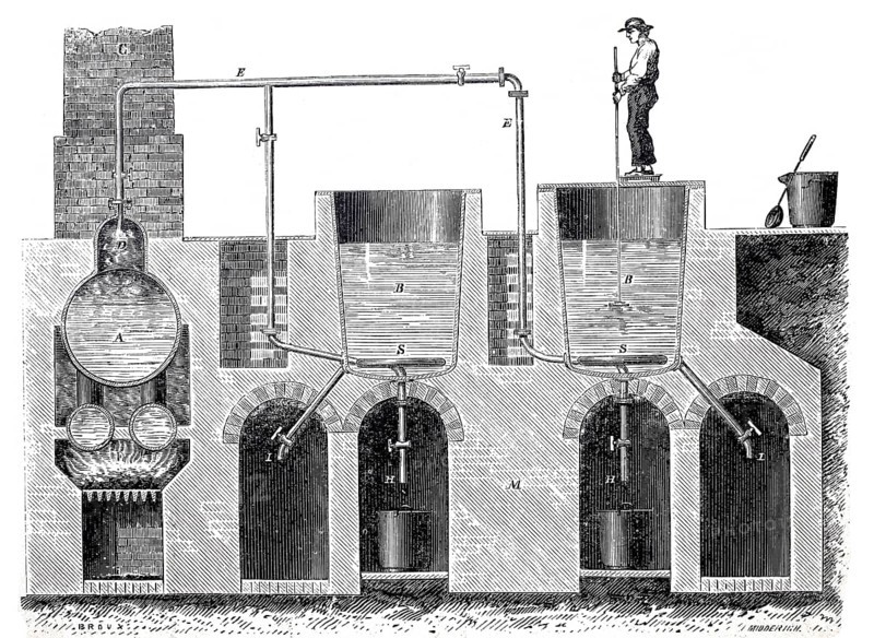 Worker on a soap boiler boiling soap with steam, around 1850, France, digitally enhanced reproduction of a 19th century model, historical, Europe