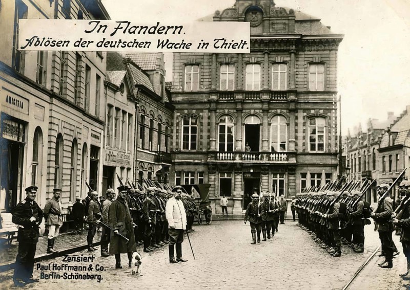 In Flanders. Relieving the German guard in Thielt, 1914 - 1918, World War I, reproduction of a war postcard