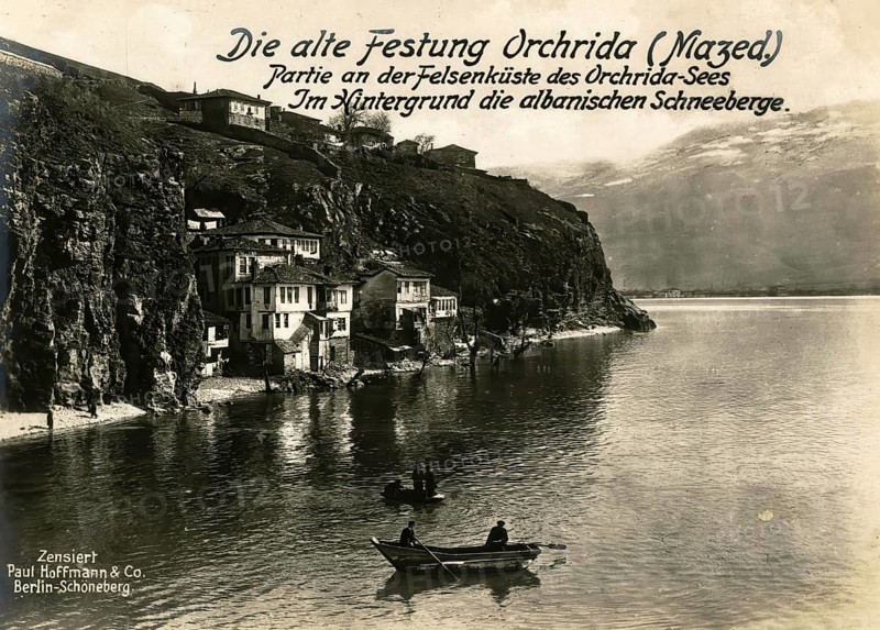 The old fortress of Orchrida Macedonia on the rocky coast of Lake Orchrida. In the background the Albanian snow mountains, 1914 - 1918, World War I, reproduction of a war postcard