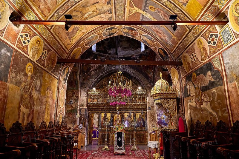 Ornamental church interior with frescoes and a magnificent iconostasis, monastery, Moni Thari, near Gadouras reservoir, lonely mountain region, Rhodes, Dodecanese, Greek Islands, Greece, Europe