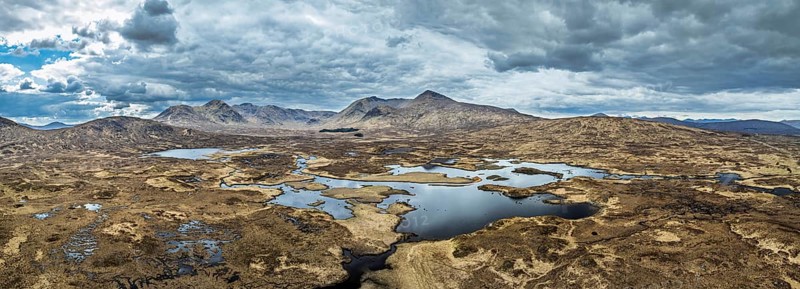 Panorama of Rannoch Moor from a drone over Loch Ba and Loch of the Armpit, A82 Highland Way, Argyll and Bute, West Highlands, Scotland, United Kingdom, Europe