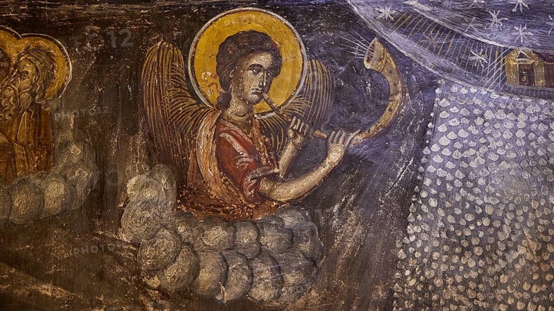 An angel in fresco playing a trumpet sits in clouds under a sparkling night sky, Easter 2025, Church of the Dormition of the All-Holy God Bear, Kimisis tis Theotokou, Asklipio, Rhodes, Dodecanese, Greek Islands, Greece, Europe