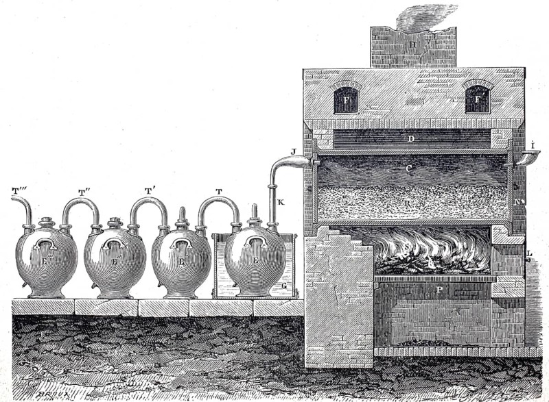 Furnace for the production of hydrochloric acid as a by-product of soda production, around 1850, France, digitally improved reproduction of a 19th century model, historical, Europe