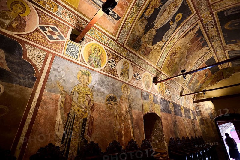 Historic church art with frescoes on the walls and vaulted ceiling, atmospheric lighting, Thari Monastery, Moni Thari, near Gadouras Reservoir, secluded mountain region, Rhodes, Dodecanese, Greek Islands, Greece, Europe