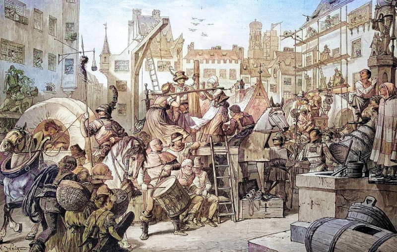 On the Marienplatz in Munich, Bavaria, Germany, at the end of the 15th century, coloured wood engraving, reproduction from a model from ca. 1888, Historical, Lively medieval city life with musicians and procession through narrow streets, Europe