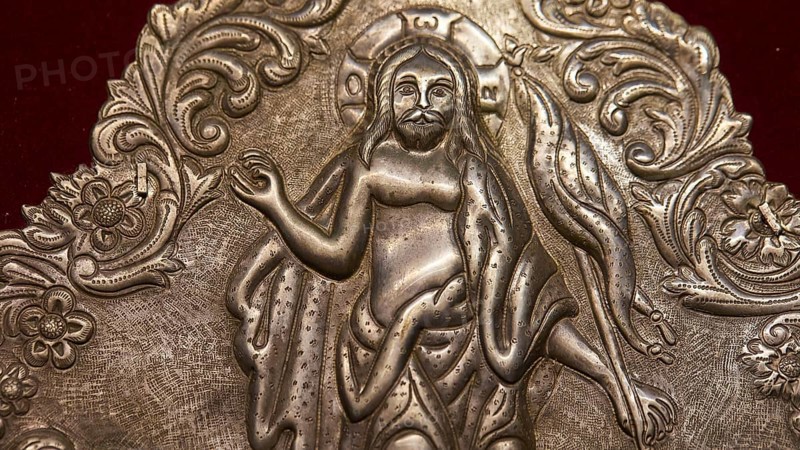 Silver engraved image of a saint with elaborate ornaments, Museum of Icon Painting, Thari Monastery, Moni Thari, near Gadouras Reservoir, lonely mountain region, Rhodes, Dodecanese, Greek Islands, Greece, Europe