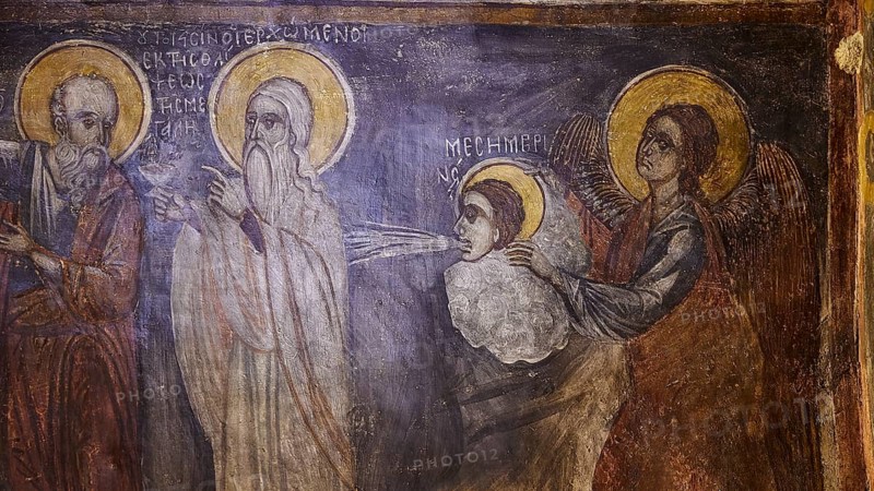 A fresco with holy figures and angels in spiritual interaction, surrounded by ancient lettering, Easter 2025, Church of the Dormition of the All-Holy God Bear, Kimisis tis Theotokou, Asklipio, Rhodes, Dodecanese, Greek Islands, Greece, Europe