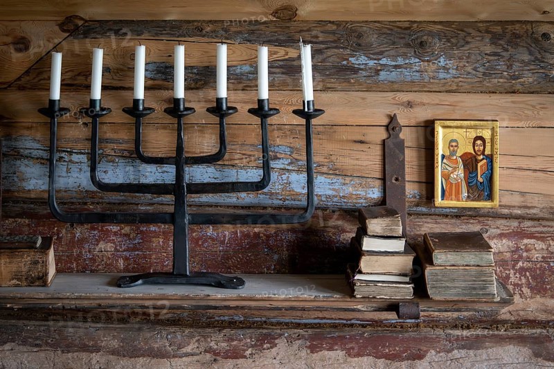Seven-armed candlestick, icon, chapel, Fokstugu farm, Fjellstue, pilgrims' accommodation, mountain hut, Olav's Path, Olavsleden or Pilgrims' Path, Dovrefjell-Sunndalsfjella National Park, Norway, Europe