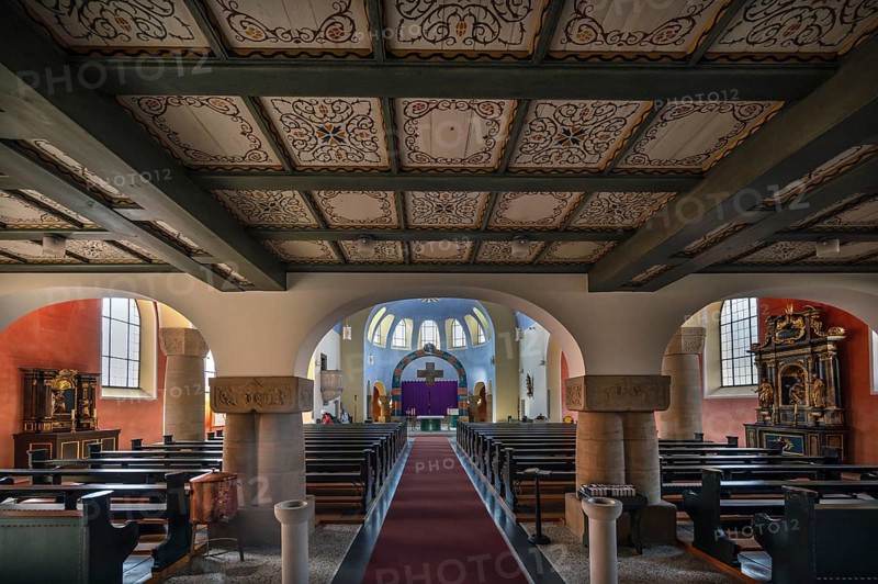 Interior with chancel of St Stephen's Church, Art Nouveau building with neo-Romanesque elements, built between 1908 and 1909, Adelsdorf, Middle Franconia, Bavaria, Germany, Europe