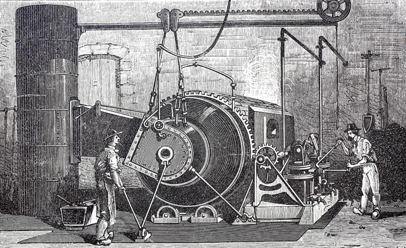 Rotating puddling furnace, the puddling process was a widespread process in the 19th century for converting the pig iron produced in the blast furnace into wrought iron, later also into hardenable forged steel, digitally improved reproduction of a 19th century model, historical
