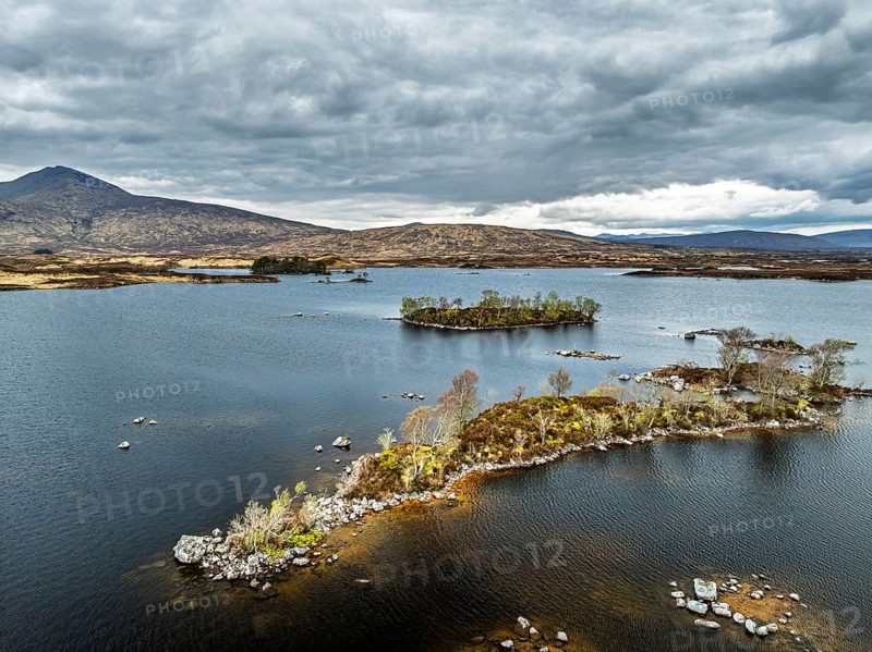 Rannoch Moor from a drone over Loch Ba and Loch of the Armpit, A82 Highland Way, Argyll and Bute, West Highlands, Scotland, United Kingdom, Europe