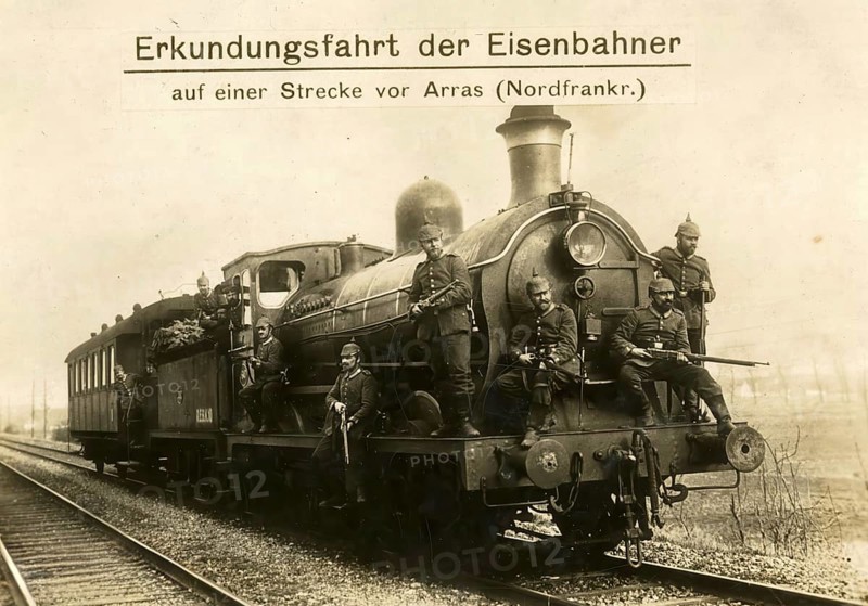 Railwaymen's reconnaissance trip on a line outside Arras, northern France, 1914 - 1918, World War I, reproduction of a wartime postcard