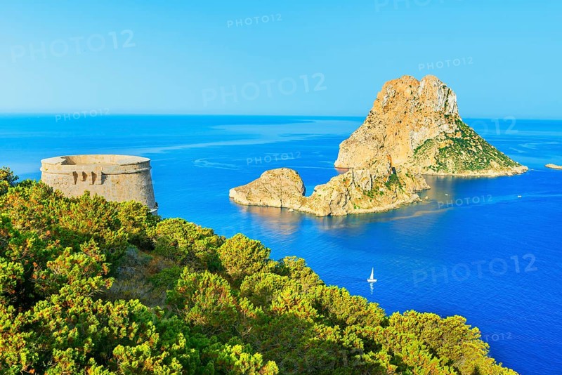 View of Torre des Savinar and Es Vedra island, Ibiza, Balearic Islands, Spain, Europe