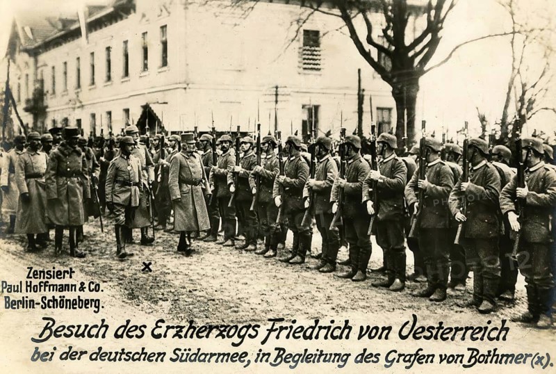 Visit of Archduke Friedrich of Austria to the German Southern Army, accompanied by Count von Bothmer, 1914 - 1918, World War I, reproduction of a war postcard