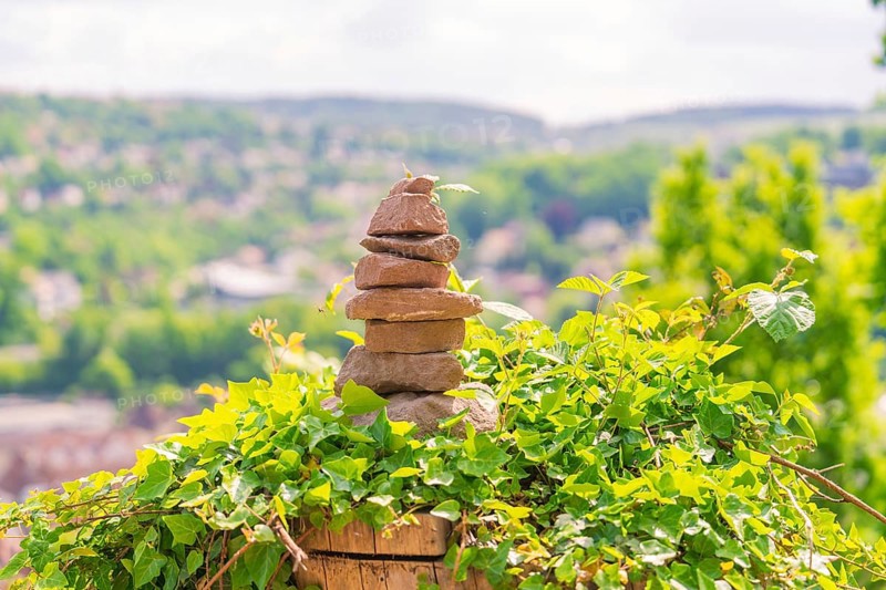 A stone tower sits on ivy, surrounded by green nature and an urban background, Panorama Holzsteg, Calw, Black Forest, Germany, Europe