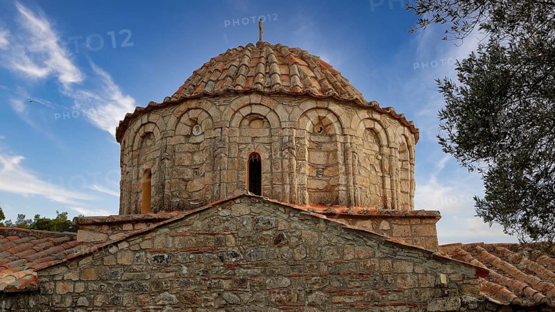 Stone church with dome in Byzantine style in front of a clear blue sky, sky exchanged, Monastery Thari, Moni Thari, near Gadouras reservoir, lonely mountain region, Rhodes, Dodecanese, Greek Islands, Greece, Europe