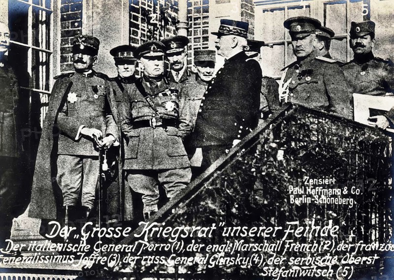 The Great War Council of our enemies, the Italian General Porro, the English Marshal French, the French Generalissimo Joffre, the Russian General Glinsky, the Serbian Colonel Stefaniwitsch, 1914 - 1918, 1st World War, reproduction of a war postcard