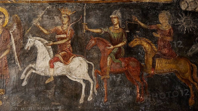 Medieval fresco showing riders on colourful horses depicting a symbolically charged scene, Easter 2025, Church of the Dormition of the All-Holy God Bear, Kimisis tis Theotokou, Asklipio, Rhodes, Dodecanese, Greek Islands, Greece, Europe