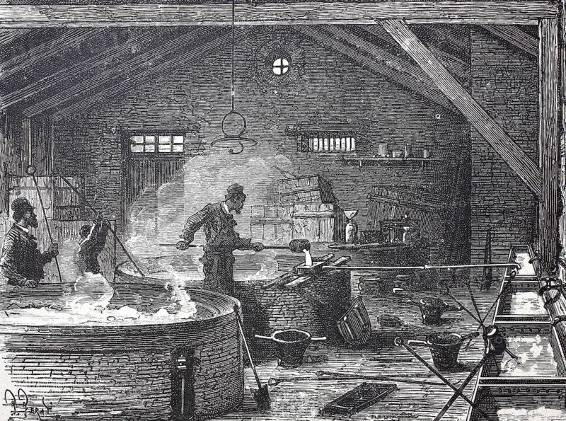 Workers in a soap factory with large vats, 1850, France, digitally enhanced reproduction of a 19th century model, historical, Europe