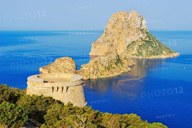 View of Torre des Savinar and Es Vedra island, Ibiza, Balearic Islands, Spain, Europe