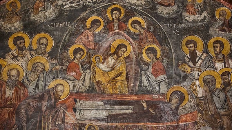 Fresco showing Christ with saints, many icons with golden decoration in an ornate frame, Easter 2025, Church of the Dormition of the All-Holy God Bear, Kimisis tis Theotokou, Asklipio, Rhodes, Dodecanese, Greek Islands, Greece, Europe