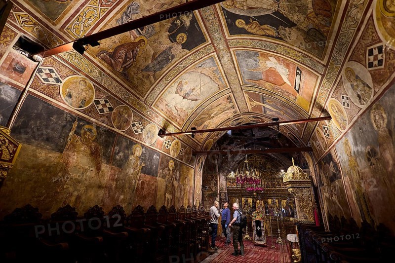 Church interior with detailed wall frescoes and vaulted ceiling, rich religious decorations, Thari Monastery, Moni Thari, near Gadouras Reservoir, remote mountain region, Rhodes, Dodecanese, Greek Islands, Greece, Europe
