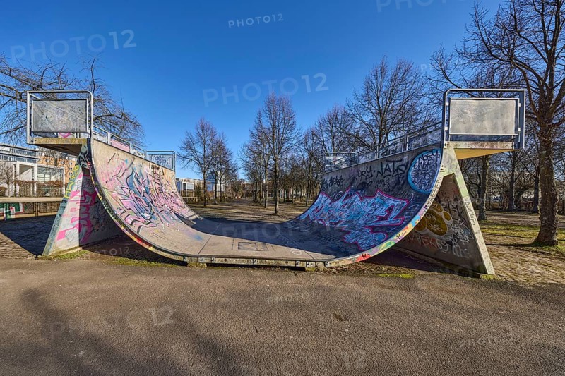 Halfpipe, skatepark, graffiti, park, trees, blue sky, cloudless, Bürgerpark Hafeninsel, Saarbrücken, state capital, regional association Saarbrücken, Saarland, Germany, Europe