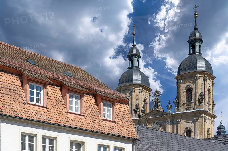 Towers of the parish and pilgrimage church of the Holy Trinity, basilica in Gößweinstein, Upper Franconia, Bavaria, Germany, Europe
