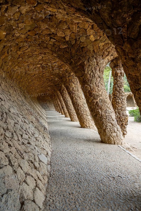 Colonnaded footpath, Park Gueell, Antonio Gaudi architect, Unesco World Heritage Site, Gracia District, Barcelona, Catalonia, Spain, Europe