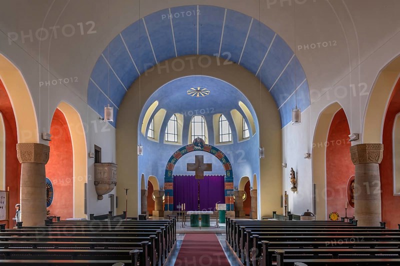 Interior with Lenten cloth in front of the altar in the church of St Stephanus, Art Nouveau building with neo-Romanesque elements, built between 1908 and 1909, Adelsdorf, Middle Franconia, Bavaria, Germany, Europe