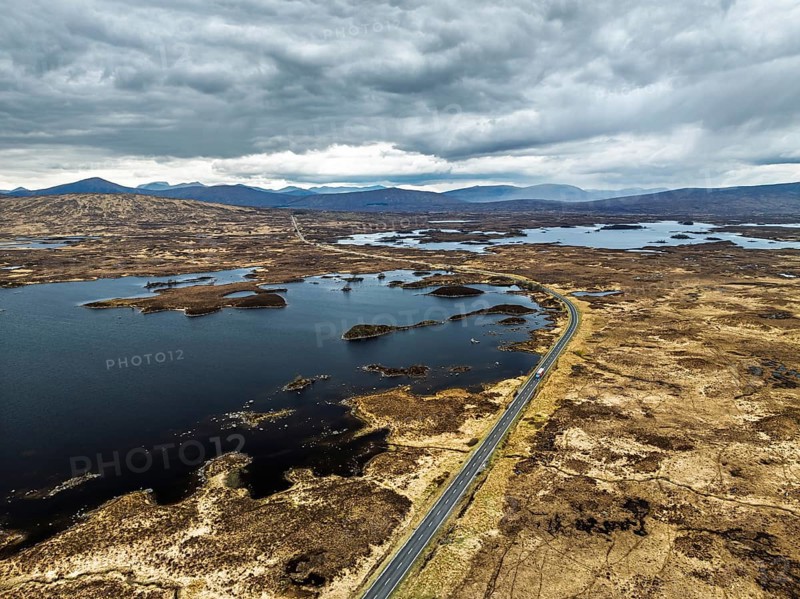 Rannoch Moor from a drone over Loch Ba and Loch of the Armpit, A82 Highland Way, Argyll and Bute, West Highlands, Scotland, United Kingdom, Europe