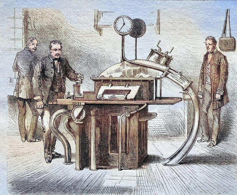 Pipe post office in Berlin, Germany, coloured wood engraving, reproduction of an original from ca 1888, historical, scientists work in a laboratory on a scientific device during an experiment, Europe