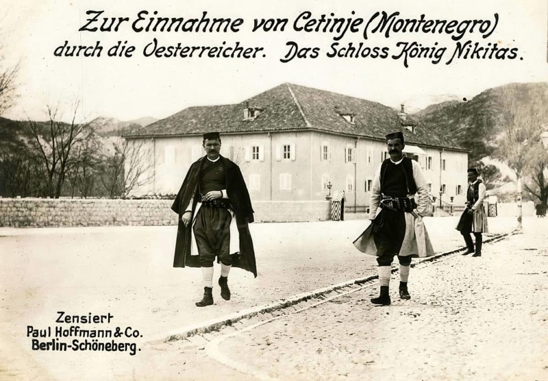 On the capture of Cetinje Montenegro by the Austrians. King Nikita's Castle, 1914 - 1918, World War I, reproduction of a war postcard