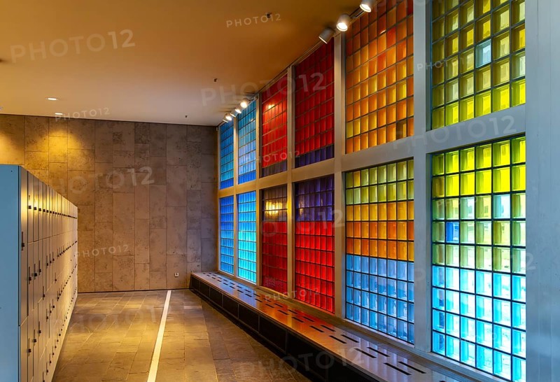 Colourful mosaic glass windows in the foyer of the Berlin State Library, Germany, Europe