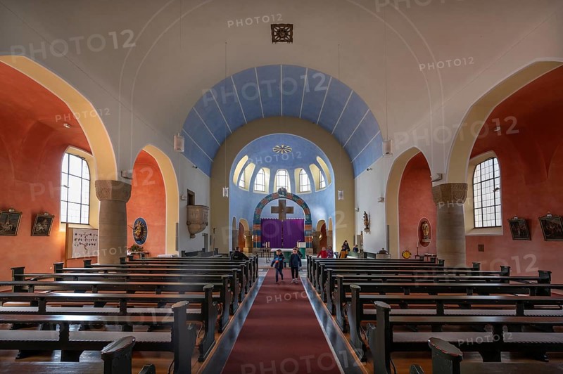 Interior of St Stephen's Church, Art Nouveau building with neo-Romanesque elements, built between 1908 and 1909, Adelsdorf, Middle Franconia, Bavaria, Germany, Europe